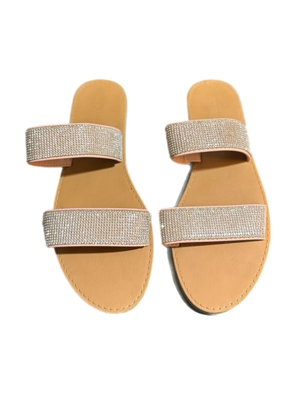 JustFab Tan Slide Sandals with Sparkling Crystal Straps